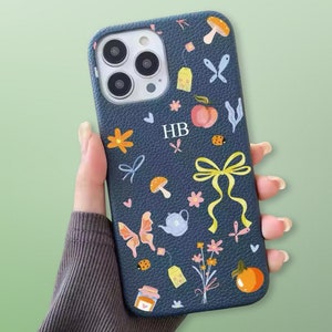 Funda personalizada con iniciales de cinta de tetera azul marino de lujo iPhone 15 14 13 12 11 Pro Mini Max Plus Funda con nombre de regalo Funda de cuero con letras personalizadas