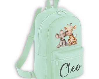 Jungle Baby Elephant Giraffe [ Mini pastel backpack back pack bag toddler nursery preschool school changing ] Personalised custom name