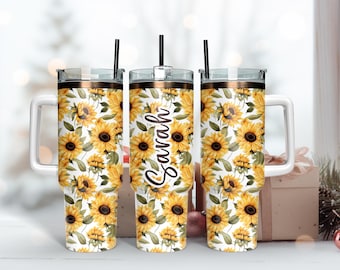 Yellow Sunflower Thermal Drinking 40oz Tumbler, Personalized Iced Coffee Stainless Steel Cup, Girl Insulated Cup Drinking Coffee Lover Tea