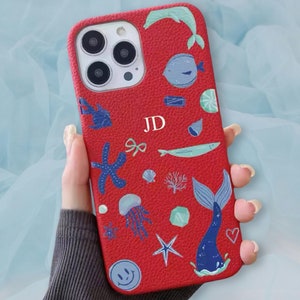 Lujo rojo náutico azul mar iniciales caso personalizado iPhone 15 14 13 12 11 Pro Mini Max Plus nombre de regalo caso carta personalizada cubierta de cuero