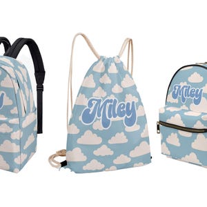 Sac à dos bleu ciel nuage nuages sac à dos pour tout-petit enfant maternelle préscolaire sac à langer personnalisé nom personnalisé toile sac à dos