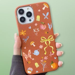Funda personalizada con iniciales de cinta de tetera marrón de lujo iPhone 15 14 13 12 11 Pro Mini Max Plus Funda con nombre de regalo Funda de cuero con letras personalizadas
