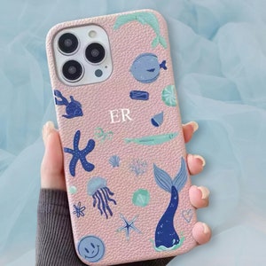 Funda personalizada con iniciales del mar azul náutico rosa de lujo iPhone 15 14 13 12 11 Pro Mini Max Plus Funda con nombre de regalo Funda de cuero con letras personalizadas