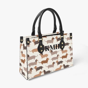 Salchicha Perro Beige Dachshund Cachorro [ Cuerpo cruzado Crema Negro PU cuero monograma bolso de bolso con patrón inicial ] Nombre personalizado