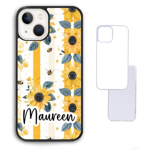 May include: A black phone case with a white and yellow sunflower and bee pattern. The case has a black border and the name "Maureen" is printed on the bottom.