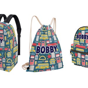 School Bus Apple Blue sac à dos pour tout-petit enfant maternelle préscolaire sac à langer personnalisé nom personnalisé toile sac à dos