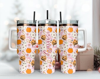 ピンクパンプキンハロウィン保温ドリンク40オンスタンブラー、パーソナライズアイスコーヒーステンレススチールカップ、断熱カップドリンクコーヒー愛好家ティー