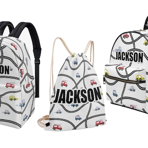 Car Cars Road Cartoon sac à dos sac à dos pour tout-petit enfant maternelle sac à langer préscolaire nom personnalisé toile cordon de serrage