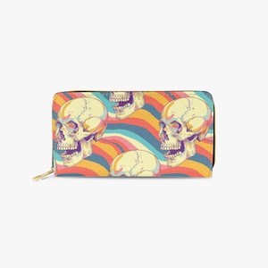 Wavy Rainbow Skeleton Skull Horror para su cumpleaños regalo del día de las madres PU cuero falso cremallera bolso cartera embrague largo Nombre personalizado