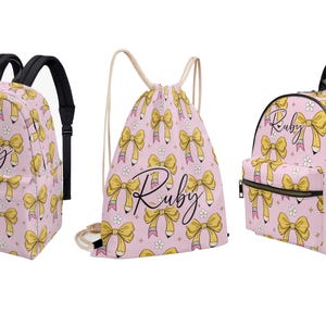 Sac à dos Coquette Pink Bow Pencil pour tout-petits, maternelle, préscolaire, sac à langer, nom personnalisé, sac à dos en toile