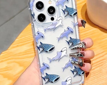 Blue White Shark Aesthetic Clear iPhone Case, For iPhone 16 15 14 13 12 11 Pro Max Case Gift For Unisex Men Silicone Cover 7 8 plus XR XS SE