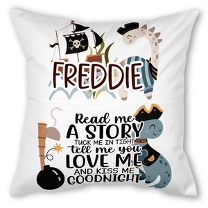 Pirate dinosaur dino jolly roger eye patch [ pocket reading cushion boys children's bedtime story bedroom decor ] Personalised custom name