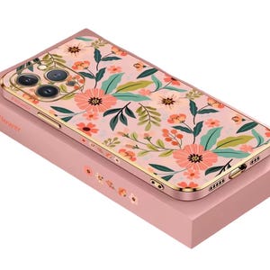 Coque fleur rose coquelicot doré, chrome de luxe, coque pour iPhone 15 14 13 12 11 16 7 SE Pro Max Plus, cadeau pour femme, coque de téléphone personnalisée