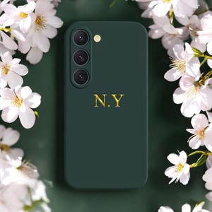 Custodia Samsung verde scuro oro, custodia in silicone liquido con nome personalizzato, custodia con iniziali, Samsung Galaxy S22 S21 Ultra Plus A53 A52 A32 S24 S23