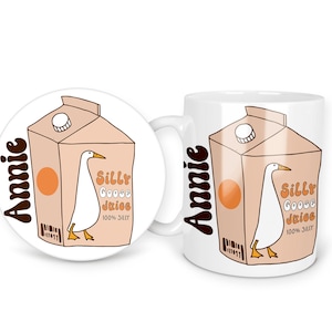 Domme gans op het losse melkpak [ Cadeauset mok en of onderzetter koffie-theekop vaatwasmachinemagnetronbestendig ] Gepersonaliseerde aangepaste naam