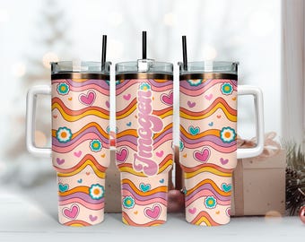 Groovy Rainbow Waves thermisch drinken 40oz beker, gepersonaliseerde ijskoffie, roestvrijstalen beker, geïsoleerde beker drinken voor koffieliefhebber
