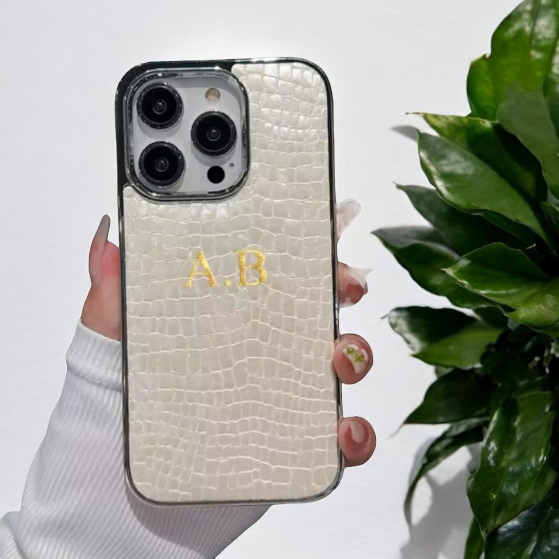 White & Chrome, Luxury Crocodile Croc Leather, Case for iPhone 16