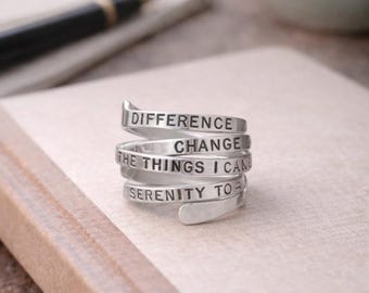 Hand Stamped Serenity Prayer Ring – Sterling Silver Spiral Mantra Jewelry
