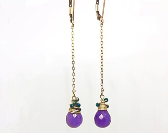 Long Dangle Purple Teardrop Long Chain Earrings