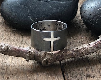 Silver Cross Serenity Prayer Wide Band Ring for Hubert