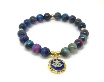 Multi Colored Tiger Eye Bracelet with Evil Eye Charm