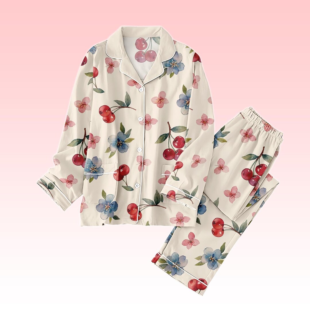 Cherry Blossom Thick Pajamas Set, Floral Long Sleeve Pjs Set, Matching ...