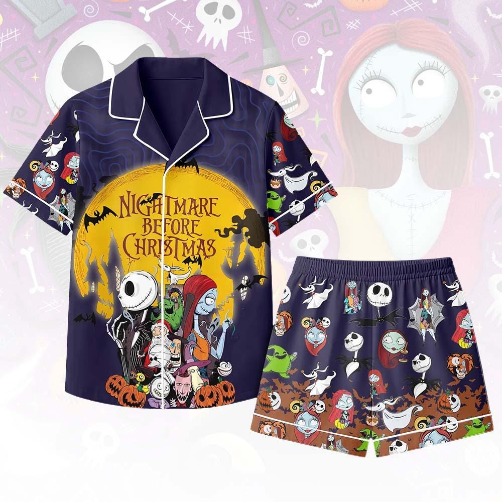 Discover Vintage Nightmare Before Christmas Pajamas Set with Pocket, Disney Halloween Sleepwear Set, Jack Skellington Sally Horror Loungewear Set