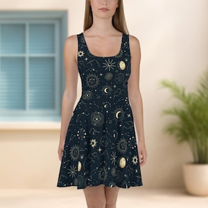 Constellation Costume Dress, Sun Moon Space Stars Print Dress, Witchy Moons Boho Summer Sleeveless Dress, Whimsigoth Costume Clothing