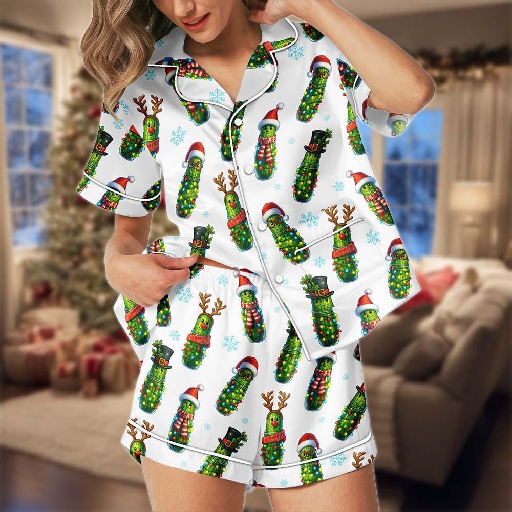 Discover Funny Christmas Pickle Pajamas Set with Pocket, Cute Holiday PJs for Men & Women, Novelty Christmas Sleepwear Outfit, Fun Winter Gift for Friends