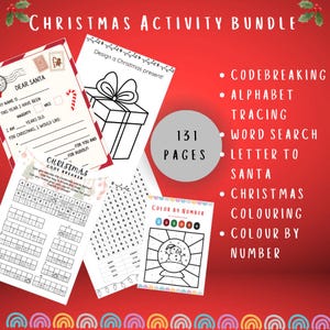 Könnte beinhalten: Ein roter Hintergrund mit weißem Rand zeigt eine Sammlung von 131 druckbaren Weihnachtsaktivitätsseiten. Die Seiten beinhalten Aktivitäten wie Codeknacken, Alphabet-Nachzeichnen, Wortsuche, Brief an den Weihnachtsmann, Weihnachtsmalerei und Malen nach Zahlen.