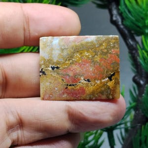 Puede incluir: Una gema cuadrada y pulida con un patrón único de rojo, marrón, amarillo y negro. La piedra se sostiene en una mano, mostrando sus colores y texturas naturales. Ideal para joyería o fines decorativos.