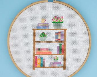 Tiny Cozy Bookshelf Cross Stitch Pattern - Easy Book Lovers Project