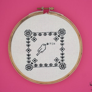 May include: A cross-stitch embroidery hoop with a black and white design. The design features a bird, floral border, and the word "BITCH". The embroidery is set against a white fabric and framed by a wooden hoop, set against a pink background.