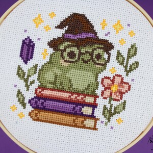 May include: Cross-stitch embroidery of a green frog wearing glasses and a witch hat, sitting on a stack of books. The design includes a purple crystal, a pink flower, and yellow stars, all within a wooden embroidery hoop.