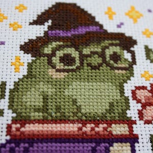 May include: Cross-stitch art featuring a green frog wearing a witch hat and glasses. The frog is sitting on a purple book. The background includes flowers, stars, and foliage. The color palette includes green, brown, purple, and yellow.
