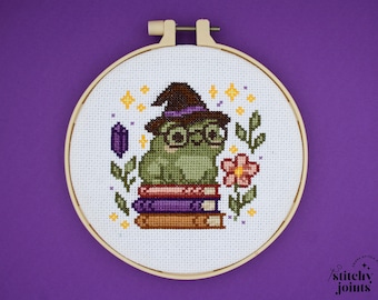 Cute Witch Frog Cross Stitch Pattern, Halloween Frog with Books Embroidery PDF, Magical Whimsical Frog Pattern, Witchy Cross Stitch