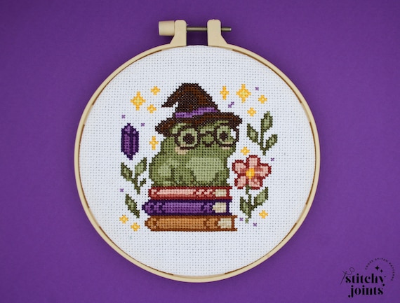 Cute Witch Frog Cross Stitch Pattern, Halloween Frog with Books Embroidery PDF, Magical Whimsical Frog Pattern, Witchy Cross Stitch