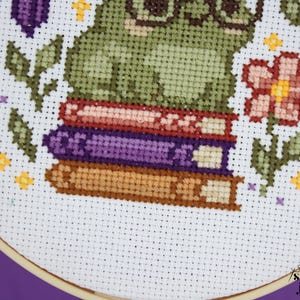 May include: Cross-stitch embroidery of a green frog wearing glasses, sitting atop a stack of books. The design includes a pink flower, leaves, and small yellow stars. The embroidery is set in a wooden hoop against a white background.