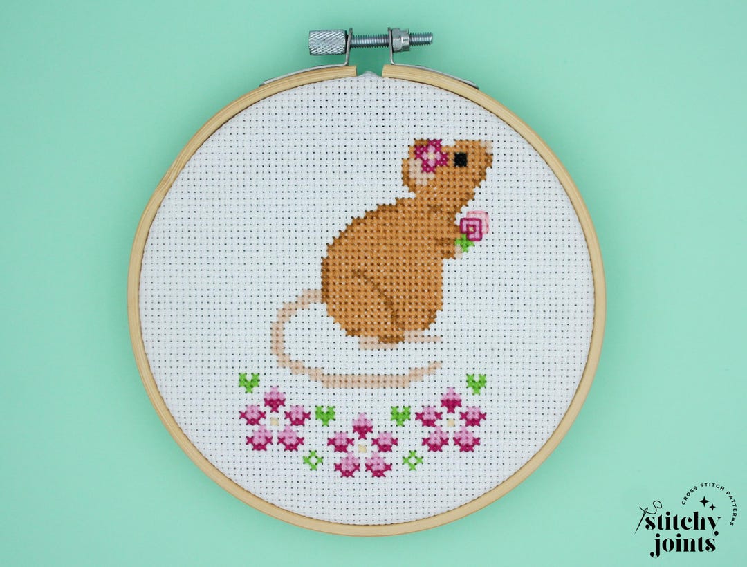 Cross Stitch Pattern Cute Rat With Flowers Floral Mouse Embroidery cross-stitch-pattern-cute-rat-with-flowers-floral-mouse-embroidery