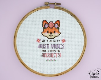 Funny Fox Cross Stitch Pattern: No Thoughts Just Vibes Quote