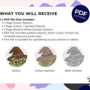 May include: A digital PDF pattern for cross-stitch featuring a witch's hat design. The image shows the pattern details, including color, color with symbols, and black and white symbol versions. The pattern is suitable for phones and tablets.