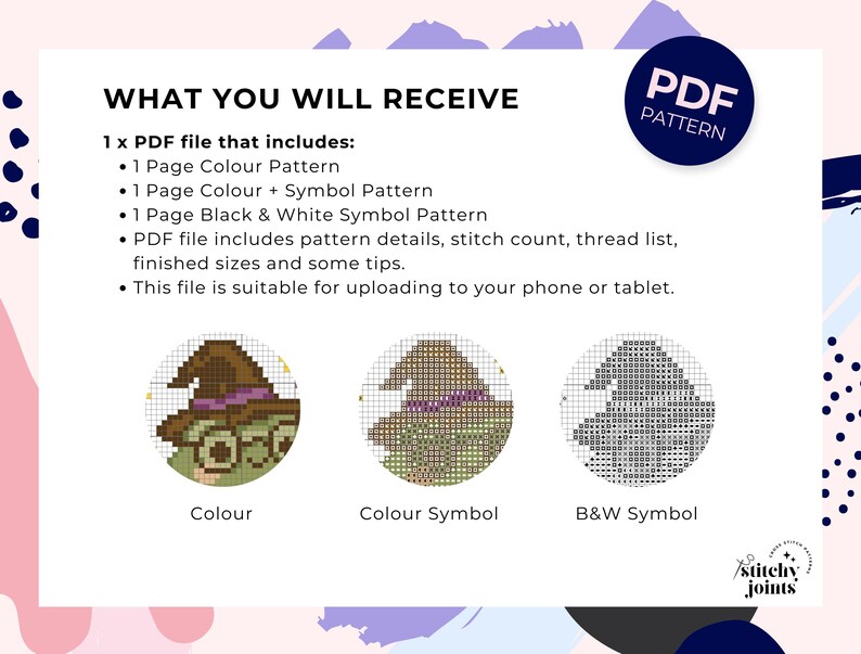 May include: A digital PDF pattern for cross-stitch featuring a witch's hat design. The image shows the pattern details, including color, color with symbols, and black and white symbol versions. The pattern is suitable for phones and tablets.