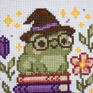 May include: Cross-stitch embroidery of a green frog wearing glasses and a witch hat, sitting on books. The design includes a flower, leaves, stars, and a purple crystal, all on a white background.
