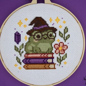 May include: Cross-stitch embroidery in a wooden hoop features a green frog wearing a witch hat and glasses, sitting on a stack of books. The design includes a purple crystal, stars, leaves, and a pink flower. The background is white.