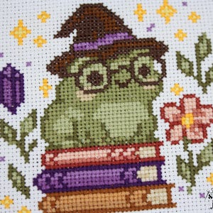 May include: Cross-stitch embroidery of a green frog wearing a witch hat and glasses, sitting on a stack of books. The design includes a purple crystal, flowers, and stars. The text "stitchy joints" is in the lower right corner.