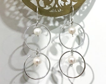 Silver Circle and Pearl Earrings - Handmade White Pearl Jewelry