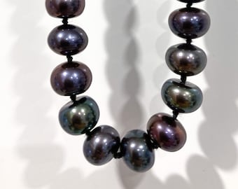 Black Pearl Necklace with Silver Clasp - Shiny Rondel Pearl Jewelry, 17” long