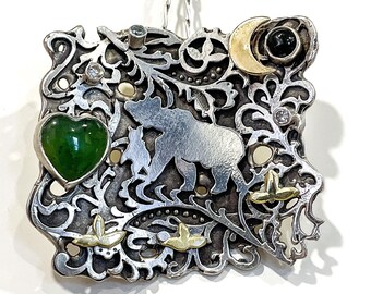 Art Nouveau Bear Necklace with Gemstones and Brass Crescent