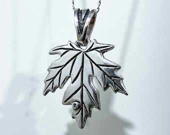 Double-Sided Silver Maple Leaf Pendant with Cubic Zirconia - Handmade, Elegant, and Canadian