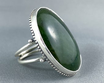 Sterling Silver Ring with BC Jade. Green Gemstone Ring. Canadian Jewelry. Size 6 1/4